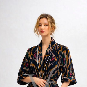 Exquisite Velvet Ikat Kimono Robe Summer Casual Multicolored Ikat Pattern Intricate Hand <b>Loomed</b> <b>Weave</b> Long Sleeve Breathable - Product Image 1