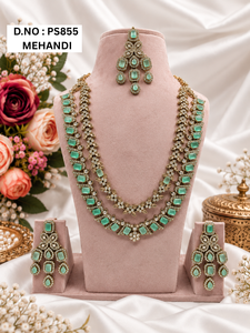 Radiant Cut CZ Stone Double Layer Long Necklace With Coordinating Tika & Dangle Earrings Fashion <b>Jewelery</b> Set For Women Supplier - Product Image 6