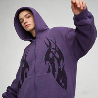 Sweat à capuche zippé intégral pour homme, imprimé graphique, 450 GSM, délavé à l'acide, avec strass et ourlet brut, style mode urbaine, fournisseur d'usine personnalisé
