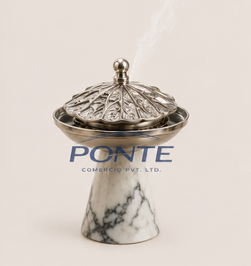 Natural Marble Incense Burner With Metal Lid Elegant Antique Style Bakhoor Burner For <b>Home</b> Fragrance Premium Silver Plated - Product Image 1