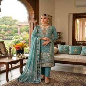 Costume droit de créateur en faux georgette lourd avec broderie de sequins, manches longues, pantalon uni et dupatta de travail, à prix de gros - Product Image 1