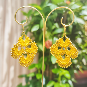 Dual Tone Long <b>Hook</b> Dangling <b>Earrings</b>-Trendy Religious Ethnic Hoop Drop Studs in Yellow Gold - Product Image 3