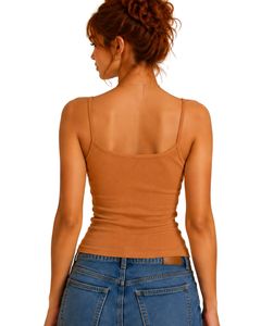 Top corto de tirantes finos con encaje y canalé para mujer, de algodón, ajustado, informal, de verano, estilo camiseta sin mangas, a la moda, color naranja - Product Image 2