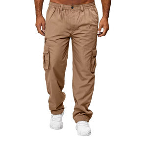 Pantalones Casuales para Hombre de Diseño Propio, Corte Recto Holgado, Cintura Elástica, Ajuste Relajado, Pierna Recta, Bolsillos, Lona 100% Algodón, Color Caqui, Calidad Premium - Product Image 1