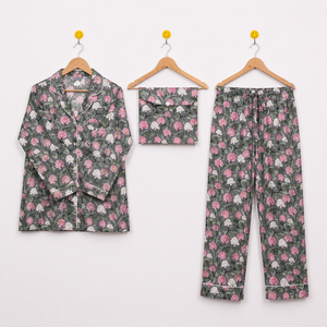 Ensemble pyjama 3 pièces pour femme à imprimé floral, vêtements de détente en coton tissé, vêtements de nuit à manches longues, pantalon à cordon - Product Image 1