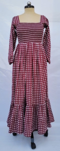 Maroon Cotton Check Maxi <b>Dress</b> Women Smocking Neck Long Sleeve <b>Loose</b> Comfortable Summer Casual Woven <b>Dress</b> - Product Image 5