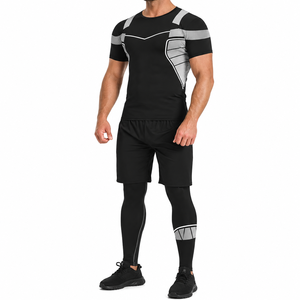 Men's Black Geometric Print <b>Sport</b> <b>Set</b> Quick Dry Breathable Crew Neck Short Sleeve Spandex Polyester Shorts & Top - Product Image 2