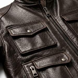 Men Brown Leather Stand Collar Zipper Front Pockets <b>Jacket</b> <b>Racing</b> Biker <b>Jacket</b> Custom Leather Riding <b>Jacket</b> Wholesale - Product Image 6