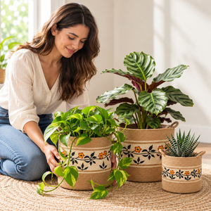 Bohemian Woven Jute Eco-Friendly Lightweight <b>Plant</b> <b>Basket</b> Set of 3 with Irregularity Pattern Handmade Planter for Home Indoor - Product Image 5