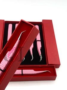 <b>Pink</b> Powder Coated Stainless Steel Precision 45 Degree Isolation Eyelash Tweezers Set in Red <b>Box</b> Packaging Eyelash Extension - Product Image 2