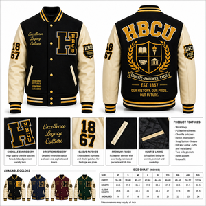 เสื้อแจ็คเก็ต Letterman HBCU สำหรับผู้ชาย แจ็คเก็ต Varsity คลาสสิก ปักโลโก้ได้ตามสั่ง ตัวเสื้อทำจากผ้าขนสัตว์ แขนเสื้อทำจากหนัง ขายส่งเสื้อแจ็คเก็ต Letterman HBCU แบบสั่งทำ - Product Image 2