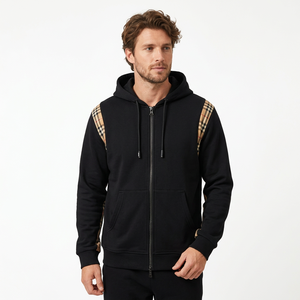Herren Schwarzer Reißverschluss-Hoodie mit Karierten Schulterpaneelen Regular Fit Lässiger Sweatshirt - Product Image 3