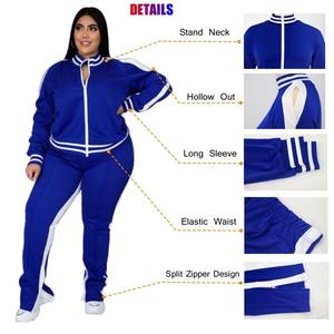 Conjunto deportivo de dos piezas para mujer, talla grande, manga larga, con cremallera, rayas, diseño hueco, informal, para otoño e invierno, largo completo. - Product Image 2