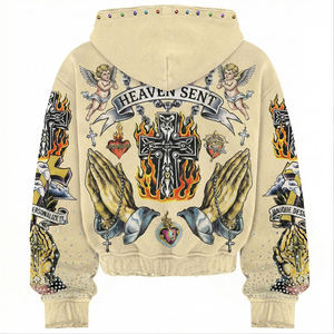 Sudadera con capucha extragrande para hombre, con cremallera, diseño vintage con pedrería, corte holgado, estilo urbano, sudadera cosida a medida - Product Image 2