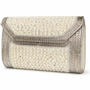 Bolso de mano de lona con perlas y adornos plateados, estilo clásico, para novias, fiestas, bodas, con correa de cadena. - Product Image 1