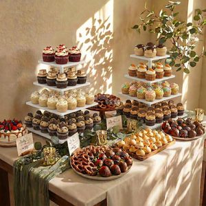 Support à cupcakes carré en bois noir à 4 niveaux avec logo personnalisé, présentoir à desserts à étages pour anniversaire, mariage, fête, vente en gros - Product Image 5
