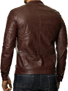 <b>Men's</b> Brown Real <b>Leather</b> Moto <b>Jacket</b> Stand Collar Zipper Closure Slim Fit Custom Biker <b>Jacket</b> - Product Image 5