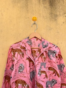 Women Pink Printed <b>Animal</b> <b>Pattern</b> Cotton Pajama Set Long Sleeve Full Length Turn-down Collar Elastic Waist Sleepwear - Product Image 5