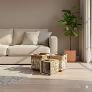 Ensemble de 3 paniers carrés motif vague en écorce de bananier, artisanat en plastique recyclé - Product Image 5