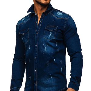 Chemise en jean à manches longues pour homme, style classique rétro, avec poches décoratives, motif écossais, haut vintage en jean pour affaires - Product Image 3