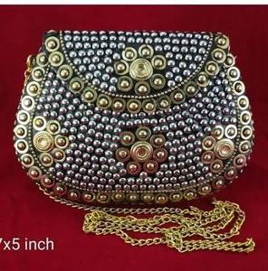 Women's Vintage Gold Metal Shell Clutch <b>Handbag</b> with Bead Dot Pattern Bohemian Style Half Moon Shape Chain Strap Large Capacity - Product Image 4
