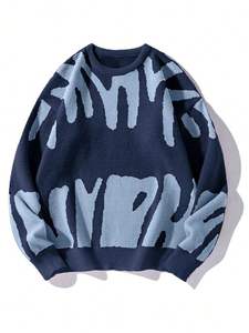 Pull en tricot déchiré pour homme, couleur unie, manches longues, col rond, hiver, logo sur le devant, polyester/coton, légèrement extensible - Product Image 3