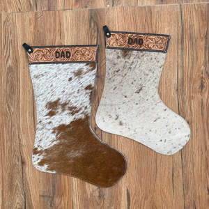 New Arrival 16" Large Christmas Holiday <b>Stockings</b> Top Selling Western Cowhide Floral Tooled Leather DAD Christmas Tree <b>Stockings</b> - Product Image 2