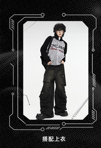 Jean cargo en denim noir délavé pour homme, coupe droite ample, style streetwear, avec plusieurs poches utilitaires - Product Image 6