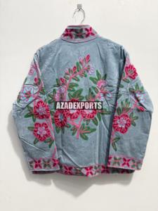 Hand Embroidered Floral <b>Velvet</b> Bomber <b>Jacket</b> Sheep Skin Lined Mandarin Collar Full Sleeve <b>Women's</b> Autumn Winter Spring Outerwear - Product Image 5