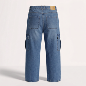 Jean cargo en denim de coton délavé enzymatiquement coupe droite pour homme, décontracté, plusieurs poches, lavable, printemps-automne, OEM - Product Image 2