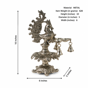 Silver Decorative Peacock Oil Burner Hanging Bells <b>Art</b> <b>Deco</b> Adjustable Elegant Tabletop Artifact Diwali Puja Housewarming Gifts - Product Image 4