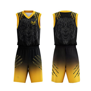 Maillots de basket personnalisés sublimés, sans manches, col en V, noir et jaune, imprimé tigre, anti-transpiration, pour hommes adultes. - Product Image 1
