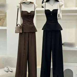 Conjunto de 2 piezas para mujer, de algodón y seda, a la moda, largo, liso, casual, ajustado, lavable, ecológico, con decoración discreta - Product Image 1