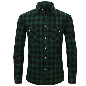 Chemise à carreaux à manches longues pour homme, vert et noir, en coton, style décontracté automne, avec logo personnalisé au choix. - Product Image 1