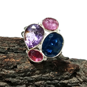 Bague Statement en Argent Sterling 925 avec Cyanite Bleue Naturelle, Améthyste, Rubis Rose, Grenat et Multiples Pierres Précieuses, Style Bohème, Sertissage Clos - Product Image 3