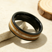 Bague en carbure de tungstène noir avec incrustation bois et bois de cerf, alliance plate de 8 mm pour homme, bijoux vintage nature en gros