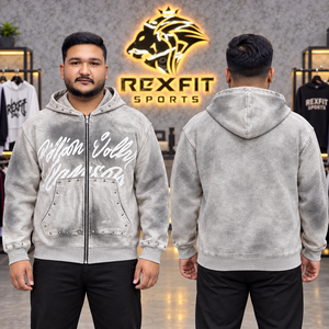 Custom <b>Mens</b> <b>Grey</b> Applique <b>Zip</b> <b>Hoodie</b> Eco-Friendly 370g Heavyweight Fleece Streetwear Casual Spring Apparel Top - Product Image 2