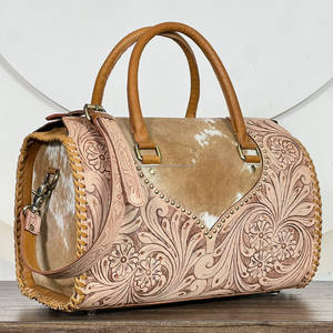Luxury Women's Vintage Embossed Floral <b>tooled</b> Genuine cowhide <b>Leather</b> Large Capacity Travel Duffel Bag Fashion Tote speedy bag - Product Image 4