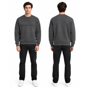 Sweat-shirt à col rond personnalisé en gros, gris foncé avec inscription « MAYBE » en relief - Product Image 4