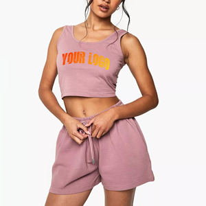 Heavy Cotton Jersey Fabric Custom Screen Printed Logo Solid Design High Street Women's 2-Piece Sleeveless Crop top Short <b>Set</b> - Product Image 1