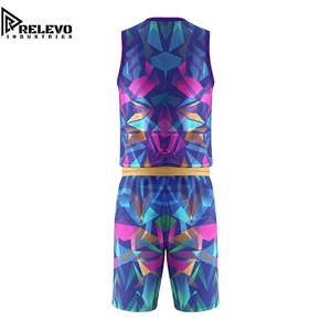 Custom Sublimated Basketball Jersey Set, Blue Technical Athletic Uniform with <b>Magenta</b> and Gold Faceted Mosaic Panel Short - Product Image 2