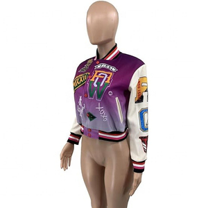 Vestes de baseball courtes en tissu de laine pour femmes, coupe-vent, respirantes, brodées, style shacket - Product Image 5