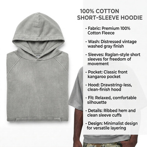 Fabricante de Sudaderas con Capucha Extra Grandes de Manga Corta Personalizadas, OEM ODM, Lavado Ácido, Felpa Francesa, Estilo Urbano, 100% Algodón - Product Image 4