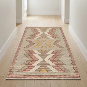 Tapis artisanal HILTEX en mélange de laine, style Kilim, géométrique, rectangulaire, tissé, écologique, antidérapant, à franges, KM-430 - Product Image 2