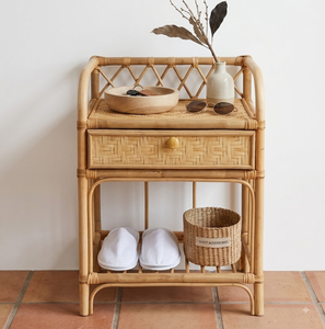 <b>Vintage</b> Woven Rattan Nightstand Handwoven Eco-Friendly 2-Drawer Open Shelf Modern Coastal <b>Side</b> <b>Table</b> Entryway - Product Image 1