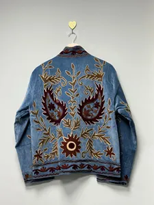 <b>Women</b> Sky Blue <b>Velvet</b> Suzani Embroidered <b>Jacket</b> with Floral Pattern Full Sleeve Stand Collar Bohemian <b>Women's</b> Autumn Coat - Product Image 6