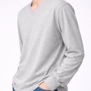 T-shirt à manches longues pour homme, col en V, 100% coton, uni, décontracté, coupe ample, tricoté, respirant, 180g, imprimé en sérigraphie, OEM - Product Image 2