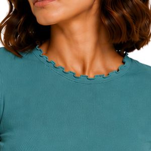 Teal Ribbed Crop <b>Top</b> Women Short Sleeve Lettuce Trim Crew Neck Cotton Spandex Slim Fit Casual Summer T Shirt Custom OEM Supplier - Product Image 5