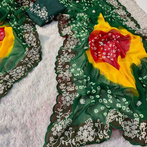 Elegante Saree de Georgette Estampado con Exquisito Bordado y Blusa de Seda Mono de Diseñador con Bordado Intenso - Product Image 1