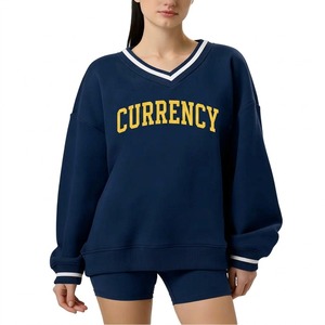 Sweat-shirt en coton pour femme, coupe oversize, col en V, épaules tombantes, avec imprimé lettres Fox et sequins sur le devant, pour tenue décontractée d'automne - Product Image 3